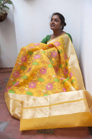 Bumblebee Yellow Banarasi Kora Silk Organza Handwoven Saree