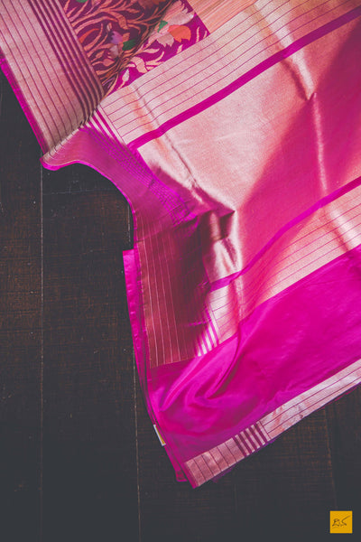 Peach and Pink.  A banarasi saree with matka silk body and pure katan silk border. The saree is special for its lovely meenakari border. This trendy banarasi saree has a katan silk border, pallu and blouse. The lower border has lovely colourful jaal weaving in multiple colours.  This saree goes well for both formal and informal gatherings. Accessorise this saree with a gajra and pearl accessories to complete the look.