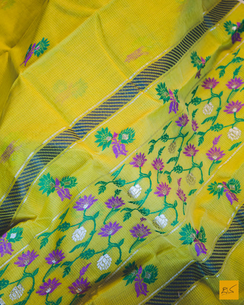 Yellow and Grey Kota Silk handwoven saree