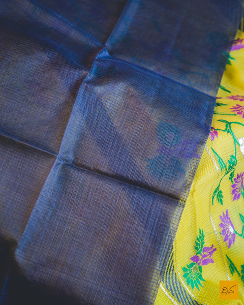 Sunshine, hope and happiness.  Experience these together in this yellow and grey real zari kota silk handwoven saree.