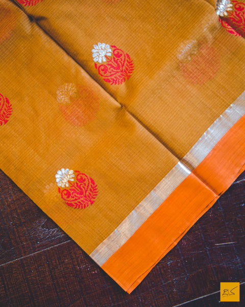 Brown and orange real zari silk kota handwoven saree, cocktail, light, comfortable, elegant, handloom