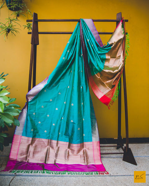 Get the lovely vibes of both blue and green with this cyan banarasi katan silk handwoven dupatta with kadhwa butta. Traditional, Indian wedding, Statement piece, Formal, Sangeeth, Cocktail