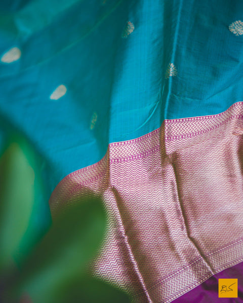 Get the lovely vibes of both blue and green with this cyan banarasi katan silk handwoven dupatta with kadhwa butta. Traditional, Indian wedding, Statement piece, Formal, Sangeeth, Cocktail