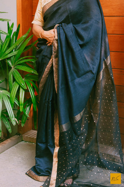 This is a gorgeous Matka silk handwoven saree with plain body in Black and woven sequin pallu. New trend of matka Silk saree designs, matka Silk saree for artists, art lovers, architects, saree lovers, saree connoisseurs, musicians, dancers, doctors, matka Silk saree, indian saree images, latest sarees with price, only saree images, new matka silk saree design.