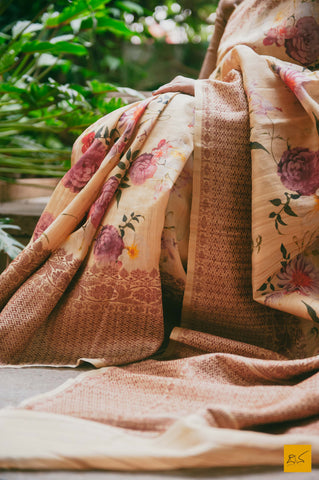 A magnificent pure tussar silk handwoven saree with prints. New trend of Tussar Silk Saree designs, Tussar Silk Saree for artists, art lovers, architects, saree lovers, Saree connoisseurs, musicians, dancers, doctors, Tussar silk saree, indian saree images, latest sarees with price, only saree images, new Tussar Silk saree design.