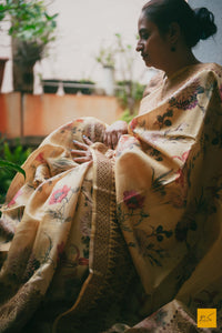 A magnificent pure tussar silk handwoven saree with prints. New trend of Tussar Silk Saree designs, Tussar Silk Saree for artists, art lovers, architects, saree lovers, Saree connoisseurs, musicians, dancers, doctors, Tussar silk saree, indian saree images, latest sarees with price, only saree images, new Tussar Silk saree design.