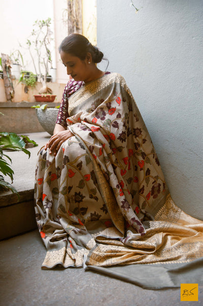 A magnificent pure banarasi tussar silk handwoven saree with kalamkari prints. New trend of Tussar Silk Saree designs, Tussar Silk Saree for artists, art lovers, architects, saree lovers, Saree connoisseurs, musicians, dancers, doctors, Tussar silk saree, indian saree images, latest sarees with price, only saree images, new Tussar Silk saree design.