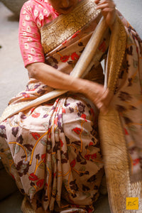 A magnificent pure banarasi tussar silk handwoven saree with kalamkari prints. New trend of Tussar Silk Saree designs, Tussar Silk Saree for artists, art lovers, architects, saree lovers, Saree connoisseurs, musicians, dancers, doctors, Tussar silk saree, indian saree images, latest sarees with price, only saree images, new Tussar Silk saree design.