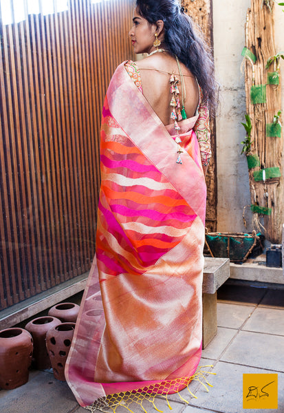 A lovely banarasi kora silk organza handwoven saree in cutwork style. New trend of Banarasi Saree designs, Banarasi Saree for artists, art lovers, architects, saree lovers, Saree connoisseurs, musicians, dancers, doctors, Banarasi silk saree, indian saree images, latest sarees with price, only saree images, new Banarasi saree design.