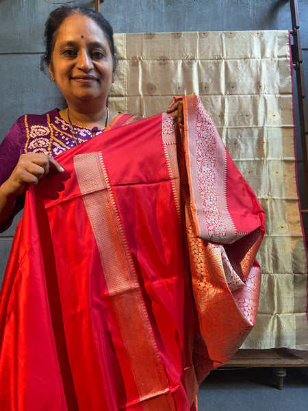 Scarlet Red Banarasi katan silk handwoven saree