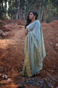 Grey Chanderi Handwoven Silk Saree With Meenakari Eknaliya Buttas