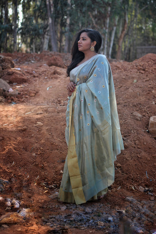 Grey Chanderi Handwoven Silk Saree With Meenakari Eknaliya Buttas