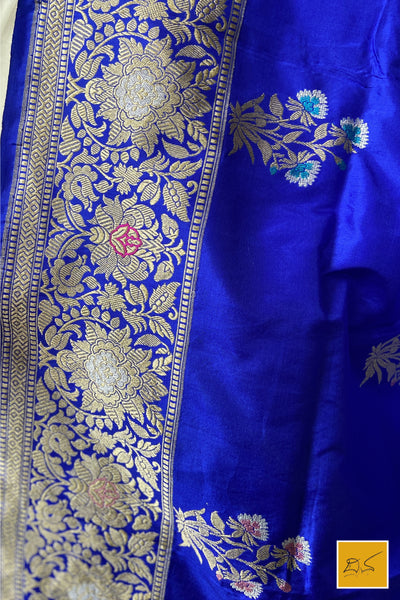 This is a gorgeous a Blue banarasi katan silk handwoven dupatta with kadhwa meenakari buttas. New trend of Silk Dupatta designs, Silk Dupatta for artists, art lovers, architects, dupatta lovers, Dupatta connoisseurs, musicians, dancers, doctors, Silk dupatta, indian dupatta images, latest dupattas with price, only dupatta images, new Silk dupatta design.