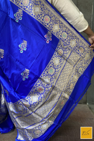 This is a gorgeous a Blue banarasi katan silk handwoven dupatta with kadhwa meenakari buttas. New trend of Silk Dupatta designs, Silk Dupatta for artists, art lovers, architects, dupatta lovers, Dupatta connoisseurs, musicians, dancers, doctors, Silk dupatta, indian dupatta images, latest dupattas with price, only dupatta images, new Silk dupatta design.