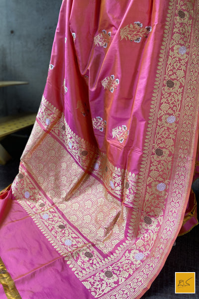 This is a gorgeous a pink banarasi katan silk handwoven dupatta with kadhwa meenakari buttas. New trend of Silk Dupatta designs, Silk Dupatta for artists, art lovers, architects, dupatta lovers, Dupatta connoisseurs, musicians, dancers, doctors, Silk dupatta, indian dupatta images, latest dupattas with price, only dupatta images, new Silk dupatta design.