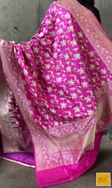 This is a gorgeous a pink banarasi katan silk handwoven dupatta with kadhwa meenakari buttas. New trend of Silk Dupatta designs, Silk Dupatta for artists, art lovers, architects, dupatta lovers, Dupatta connoisseurs, musicians, dancers, doctors, Silk dupatta, indian dupatta images, latest dupattas with price, only dupatta images, new Silk dupatta design.