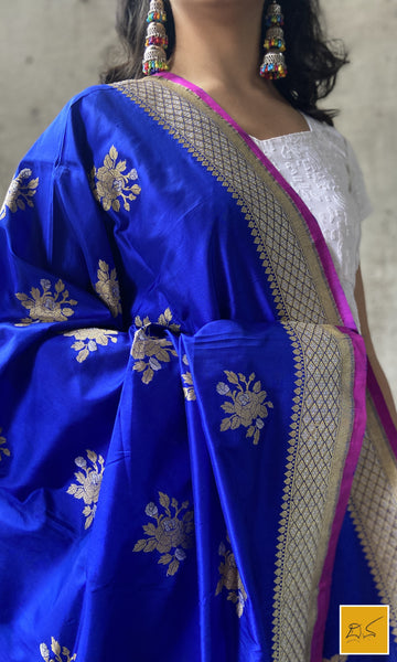 This is a gorgeous blue banarasi katan silk handwoven dupatta with kadhwa meenakari buttas. New trend of Silk Dupatta designs, Silk Dupatta for artists, art lovers, architects, dupatta lovers, Dupatta connoisseurs, musicians, dancers, doctors, Silk dupatta, indian dupatta images, latest dupattas with price, only dupatta images, new Silk dupatta design.