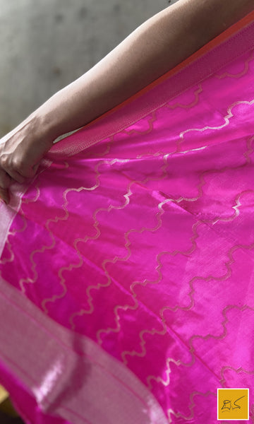 This is a gorgeous a pink banarasi katan silk handwoven dupatta with intricate jaal pattern. New trend of Silk Dupatta designs, Silk Dupatta for artists, art lovers, architects, dupatta lovers, Dupatta connoisseurs, musicians, dancers, doctors, Silk dupatta, indian dupatta images, latest dupattas with price, only dupatta images, new Silk dupatta design.