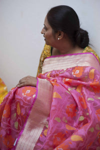 Bubblegum Pink Banarasi Kora Silk Organza Handwoven Saree