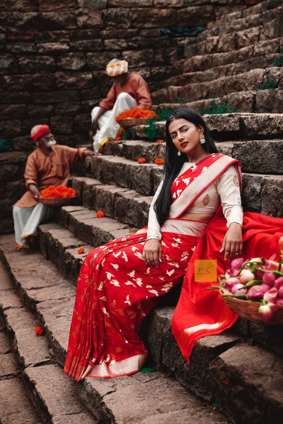 Red Banarasi katan silk handwoven saree